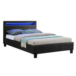 Lit LED simple 120x190 cm avec sommier tête de lit confortable lit 1 place revêtement synthétique noir MIRANDO