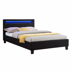 Lit LED simple 120x190 cm avec sommier tête de lit confortable lit 1 place revêtement en tissu noir MARISELA