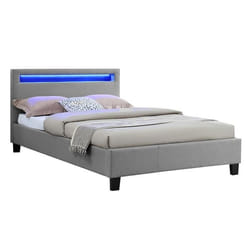 Lit LED simple 120x190 cm avec sommier tête de lit confortable lit 1 place revêtement en tissu gris MARISELA