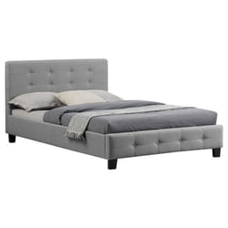 Lit simple pour adulte JOLIEN avec sommier 120x190 cm 1 place et demi tête et pied de lit capitonnés avec strass en tissu gris