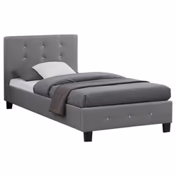 Lit simple pour adulte ou enfant TICO avec sommier 90x190 cm 1 place tête et pied de lit capitonnés avec strass en tissu gris