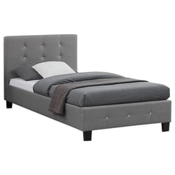 Lit simple pour adulte ou enfant TICO avec sommier 90x190 cm 1 place tête et pied de lit capitonnés avec strass en tissu gris