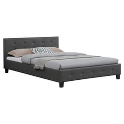 Lit double pour adulte MATHIEU avec sommier 140x190 cm 2 places / 2 personnes tête et pied de lit capitonnés en synthétique gris