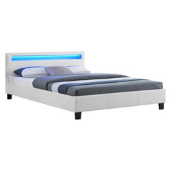 Lit LED double 140x190 cm avec sommier tête de lit confortable lit 1 place revêtement en tissu blanc RIOJA