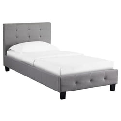 Lit simple pour adulte ou enfant REVE avec sommier 90x190 cm 1 place/1 personne tête et pied de lit capitonnés en tissu gris