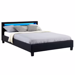 Lit LED double 140x190 cm avec sommier tête de lit confortable lit 1 place revêtement synthétique noir PINOT