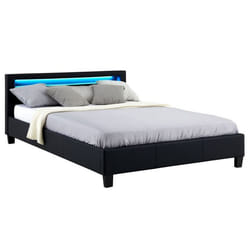 Lit LED double 140x190 cm avec sommier tête de lit confortable lit 1 place revêtement synthétique noir PINOT
