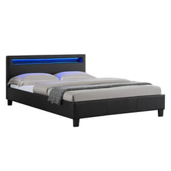 Lit LED double 140x190 cm avec sommier tête de lit confortable lit 1 place revêtement en tissu noir RIOJA