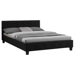 Lit double pour adulte MATHIEU avec sommier 140x190 cm 2 places / 2 personnes tête et pied de lit capitonnés en tissu noir