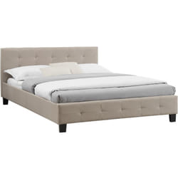 Lit double mathieu, 140 x 190 cm, capitonné avec sommier, revêtement en tissu beige