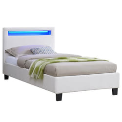 Lit LED simple 90x190 cm avec sommier tête de lit confortable lit 1 place revêtement synthétique blanc LUCENO