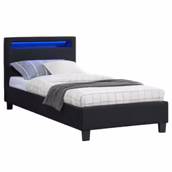 Lit LED simple 90x190 cm avec sommier tête de lit confortable lit 1 place revêtement en tissu noir MOLINA