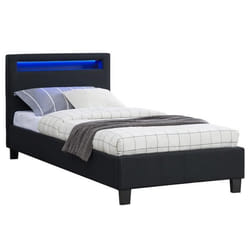 Lit LED simple 90x190 cm avec sommier tête de lit confortable lit 1 place revêtement en tissu noir MOLINA