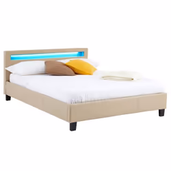 Lit LED double 140x190 cm avec sommier tête de lit confortable lit 1 place revêtement synthétique beige PINOT