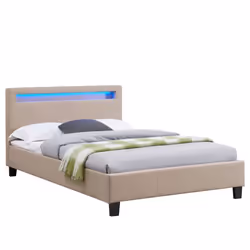 Lit LED simple 120x190 cm avec sommier tête de lit confortable lit 1 place revêtement en tissu beige MARISELA