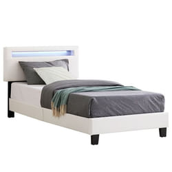 Lit LED simple 90x190 cm avec sommier tête de lit réglable en hauteur en synthétique blanc EVAN