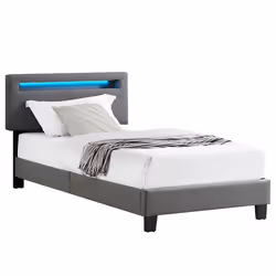 Lit LED simple 90x190 cm avec sommier tête de lit réglable en hauteur en synthétique gris EVAN