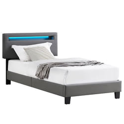 Lit LED simple 90x190 cm avec sommier tête de lit réglable en hauteur en synthétique gris EVAN