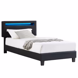 Lit LED simple 90x190 cm avec sommier tête de lit réglable en hauteur en synthétique noir EVAN