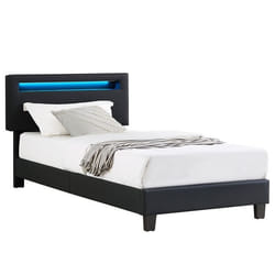 Lit LED simple 90x190 cm avec sommier tête de lit réglable en hauteur en synthétique noir EVAN