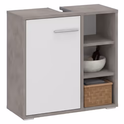 Meuble sous lavabo NISTOS rangement de salle de bain avec 1 porte et 3 étagères couleur béton et blanc