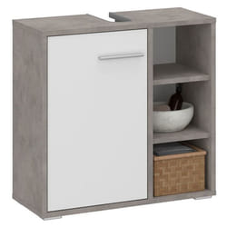 Meuble sous lavabo NISTOS rangement de salle de bain avec 1 porte et 3 étagères couleur béton et blanc