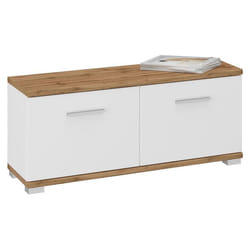Banc rangement à chaussures VIELLA banc dentrée 2 portes en mélaminé couleur chêne wotan et blanc
