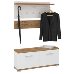 Ensemble banc de rangement à chaussures et porte manteau mural VIELLA en mélaminé couleur chêne wotan et blanc