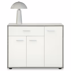 Meuble à chaussures CAMILLE commode meuble de rangement avec 1 tiroir et 3 portes en bois coloris béton et blanc