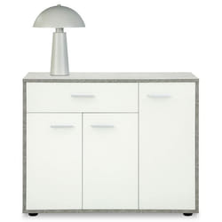 Meuble à chaussures CAMILLE commode meuble de rangement avec 1 tiroir et 3 portes en bois coloris béton et blanc
