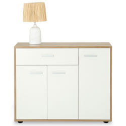 Buffet salle à manger CORALINE L 88 cm en bois massif blanc et chêne sonoma avec 1 tiroir et 3 portes