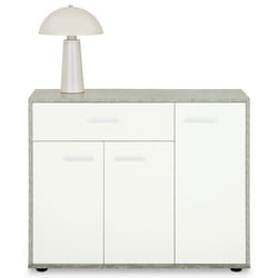 Buffet salle à manger CORALINE L 88 cm en bois massif coloris blanc et béton avec 1 tiroir et 3 portes