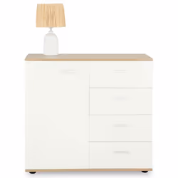 Buffet salle à manger CHICAGO L 91 cm en bois coloris blanc et sonoma avec 4 tiroirs et 1 porte meuble rangement