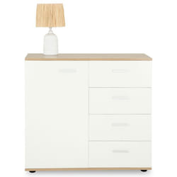 Buffet salle à manger CHICAGO L 91 cm en bois coloris blanc et sonoma avec 4 tiroirs et 1 porte meuble rangement