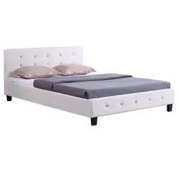 Lit double pour adulte JOSY avec sommier 140x190 cm 2 places tête et pied de lit capitonnés avec strass en synthétique blanc