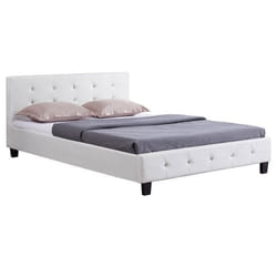 Lit double pour adulte JOSY avec sommier 140x190 cm 2 places tête et pied de lit capitonnés avec strass en synthétique blanc
