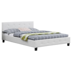 Lit double pour adulte MATHIEU avec sommier 140x190 cm 2 places / 2 personnes tête et pied de lit capitonnés en synthétique blanc