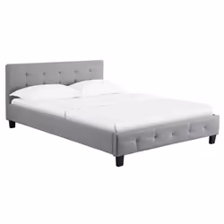 Lit double pour adulte MATHIEU avec sommier 140x190 cm 2 places / 2 personnes tête et pied de lit capitonnés en tissu gris