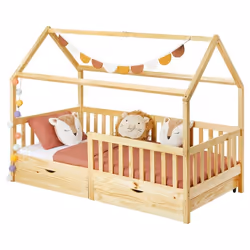 Lit cabane NUNA lit enfant simple montessori en bois 90 x 200 cm avec rangement 2 tiroirs en pin massif à la finition naturel ...