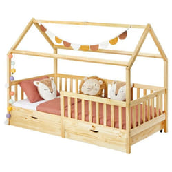 Lit cabane NUNA lit enfant simple montessori en bois 90 x 200 cm avec rangement 2 tiroirs en pin massif à la finition naturelle
