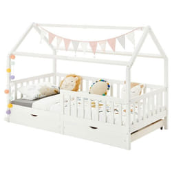 Lit cabane NUNA lit enfant simple montessori en bois 90 x 200 cm avec rangement 2 tiroirs en pin massif lasuré blanc