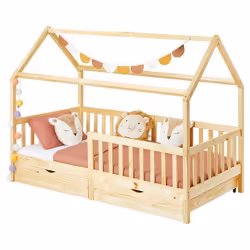 Lit cabane NUNA lit enfant simple montessori en bois 90 x 190 cm avec rangement 2 tiroirs en pin massif finition naturelle