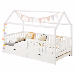 Lit cabane NUNA lit enfant simple montessori en bois 90 x 190 cm avec rangement 2 tiroirs en pin massif lasuré blanc