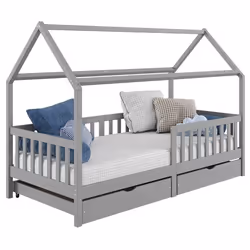 Lit cabane NUNA lit enfant simple montessori en bois 90 x 190 cm avec rangement 2 tiroirs en pin massif lasuré gris