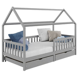 Lit cabane NUNA lit enfant simple montessori en bois 90 x 190 cm avec rangement 2 tiroirs en pin massif lasuré gris