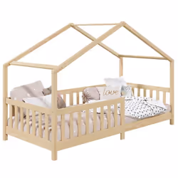 Lit cabane enfant 90x190 cm LISAN lit Simple montessori avec Barrières de Protection en Bois Massif finition naturelle