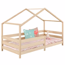 Lit cabane RENA lit simple montessori pour enfant 90 x 190 cm avec barrières de protection en pin massif à la finition nature ...