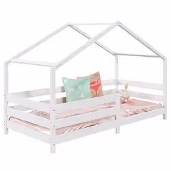 Lit cabane RENA lit simple montessori pour enfant 90 x 190 cm avec barrières de protection en pin massif lasuré blanc