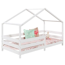 Lit cabane RENA lit simple montessori pour enfant 90 x 190 cm avec barrières de protection en pin massif lasuré blanc