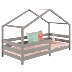 Lit cabane RENA lit simple montessori pour enfant 90 x 190 cm avec barrières de protection en pin massif lasuré gris